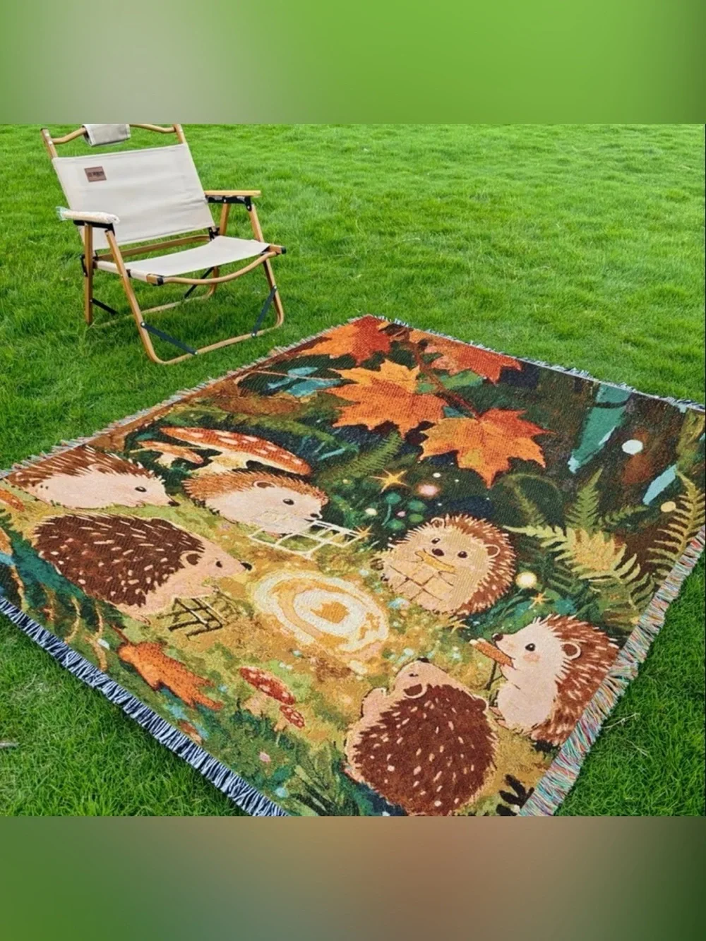 Cottagecore Hedgehog Campfire Throw Blanket Whimsical Forest Fringe Tapestry NWT
